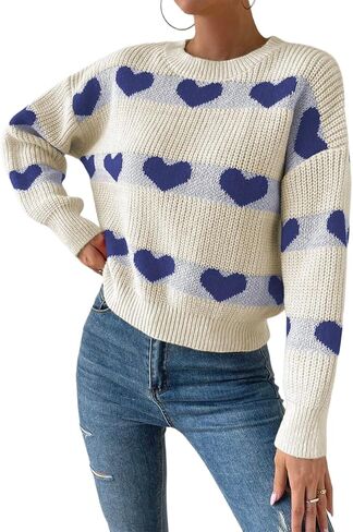 SKAYS Women's Heart Striped Sweater Cute Round Neck Drop Shoulder Loose Knit Top in Saudi Arabia