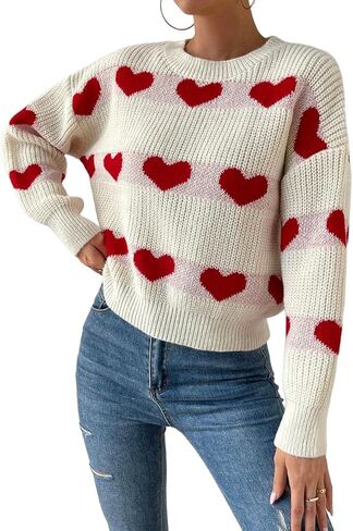 SKAYS Women's Heart Striped Sweater Cute Round Neck Drop Shoulder Loose Knit Top in Saudi Arabia