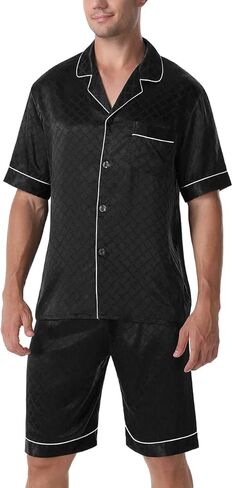 Men's 2 Piece Pajama Sets Silky Short Sleeve with Small Satin Classic Loungewear Sets in Saudi Arabia