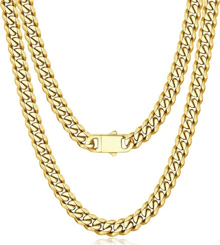 قلادة سلسلة ربط كوبية مطلية بالذهب 5 مم 7 مم 9 مم من Jewlpire 5 مم 7 مم 9 مم للرجال والأولاد، سلاسل من الفولاذ المقاوم للصدأ للرجال مع مشبك قفل بالضغط، مجوهرات رجالية فاخرة مع صندوق هدايا، 18 20 22 24 26 بوصة in Kuwait