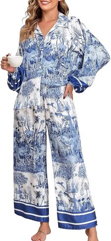 Jusfitsu Women's Silk Satin Pajama Sets for Women 2 Piece Button Down Pjs Set Oversized Long Sleeve Animal Print Sleepwear in Saudi Arabia