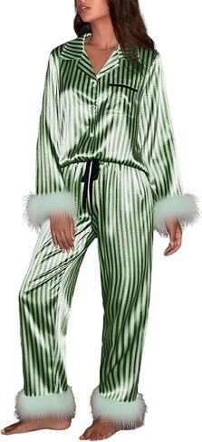 Springcmy Women Christmas Silk Pajamas Set Pjs Satin Long Sleeve Button Down Shirts Pants Feather Trim 2PCS Xmas Loungewear in Kuwait
