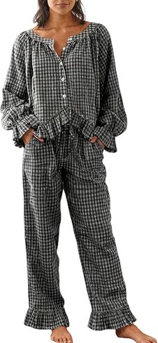 طقم بيجامة نسائي من WOWULOVELY بأكمام طويلة مكون من قطعتين من قميص بيبي دول قطني منقوش وسراويل ساق مجموعة Pjs لطيفة مكشكشة in Kuwait