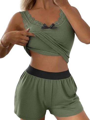 طقم بيجامة نسائي مكون من قطعتين من CHICME بدون أكمام حمالة صدر مدمجة وسروال قصير طقم ملابس نوم من الدانتيل in Saudi Arabia