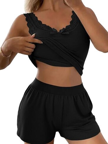 طقم بيجامة نسائي مكون من قطعتين من CHICME بدون أكمام حمالة صدر مدمجة وسروال قصير طقم ملابس نوم من الدانتيل in Saudi Arabia
