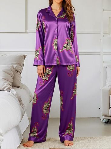 2PCS Women's Silk Pajama Set, Long Sleeve Sleepwear with Pants, Soft Floral Loungewear Button Down Satin Pj Set in Saudi Arabia