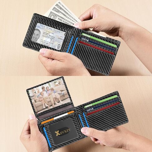 محفظة رجالية رفيعة للغاية من الجلد مزودة بتقنية تحديد الهوية بموجات الراديو (RFID) محفظة أنيقة ثنائية الطي مع جيب أمامي نحيف وبسيط ونوافذ لبطاقة الهوية (أسود كربوني وأزرق) in Kuwait