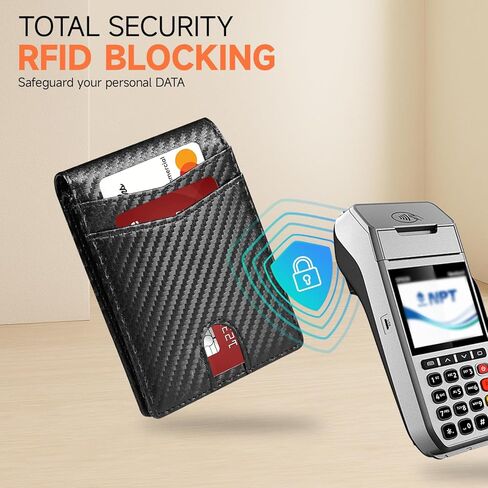 محفظة رجالية رفيعة للغاية من الجلد مزودة بتقنية تحديد الهوية بموجات الراديو (RFID) محفظة أنيقة ثنائية الطي مع جيب أمامي نحيف وبسيط ونوافذ لبطاقة الهوية (أسود كربوني وأزرق) in Kuwait