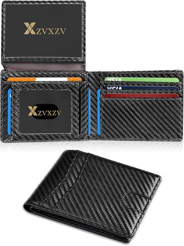 Men's Ultra Thin Wallet Leather RFID Blocking Bifold Stylish Wallet with Slim Minimalist Front Pocket 2 ID Windows (Carbon Black&Blue) in Saudi Arabia