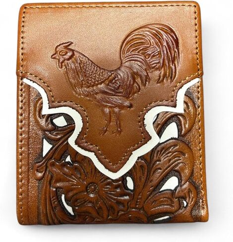 Western Leather Wallet for Men – Embossed Rooster Design with Laser Cut Floral Pattern – Bifold Cowboy Style in Saudi Arabia
