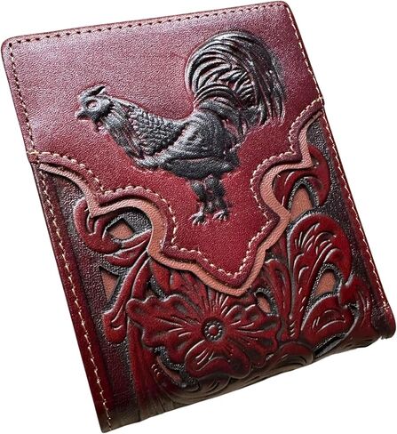 Western Leather Wallet for Men – Embossed Rooster Design with Laser Cut Floral Pattern – Bifold Cowboy Style in Saudi Arabia