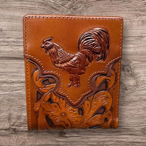 Western Leather Wallet for Men – Embossed Rooster Design with Laser Cut Floral Pattern – Bifold Cowboy Style in Saudi Arabia