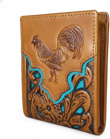 Western Leather Wallet for Men – Embossed Rooster Design with Laser Cut Floral Pattern – Bifold Cowboy Style in Saudi Arabia