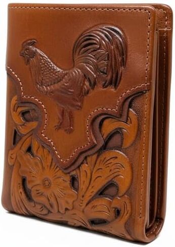 Western Leather Wallet for Men – Embossed Rooster Design with Laser Cut Floral Pattern – Bifold Cowboy Style in Saudi Arabia