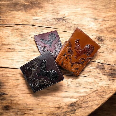 Western Leather Wallet for Men – Embossed Rooster Design with Laser Cut Floral Pattern – Bifold Cowboy Style in Saudi Arabia