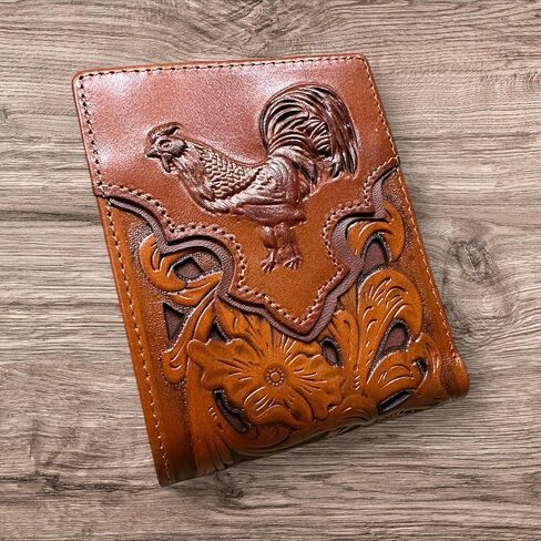 Western Leather Wallet for Men – Embossed Rooster Design with Laser Cut Floral Pattern – Bifold Cowboy Style in Saudi Arabia