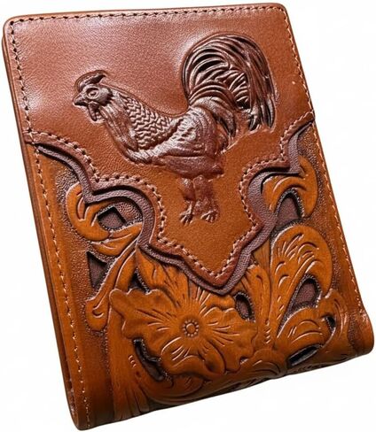 Western Leather Wallet for Men – Embossed Rooster Design with Laser Cut Floral Pattern – Bifold Cowboy Style in Saudi Arabia