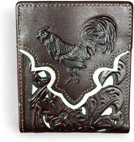 Western Leather Wallet for Men – Embossed Rooster Design with Laser Cut Floral Pattern – Bifold Cowboy Style in Saudi Arabia