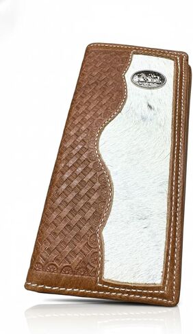 Men’s Long Leather Wallet – Hand Tooled Basketweave Bifold with Cowboy Praying Concho and Hair-On Cowhide – Rodeo Checkbook Wallet for Faith-Based Western Gifts in Saudi Arabia