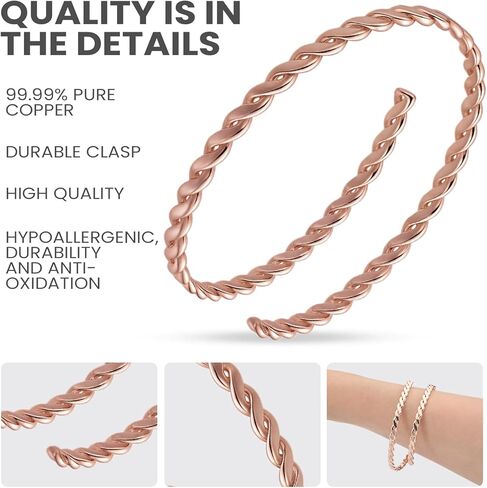 Tondiamo 99.99% Copper Bracelets for Women, 12 Inch Twisted Bangle Bracelet Adjustable Solid Copper Jewelry for Women Health Jewelry Gift in Saudi Arabia
