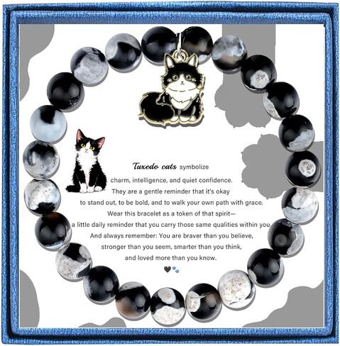 LIUANAN Tuxedo Cat سحر سوار للنساء العقيق الدعم العاطفي مجوهرات هدايا لمحبي القطط أصحاب الحيوانات الأليفة القط الأمهات أمها الجدة ابنة ابنة عيد ميلاد in Kuwait