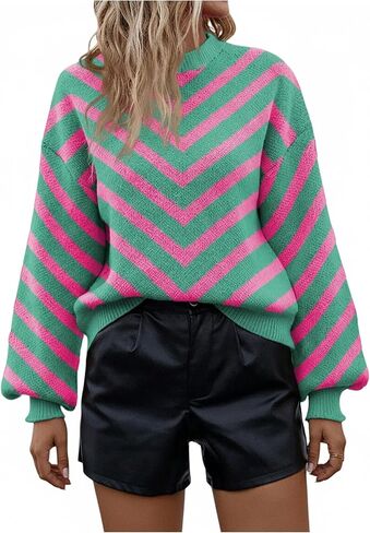 Verdusa Women's Dressy Casual Striped Color Block Cozy Sweater Lantern Sleeve Knit Pullover Tops in Saudi Arabia