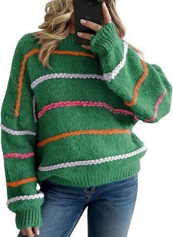 QIBABU Womens Striped Sweaters Casual Lantern Sleeve Color Block Knit Pullover Sweater Tops in Saudi Arabia