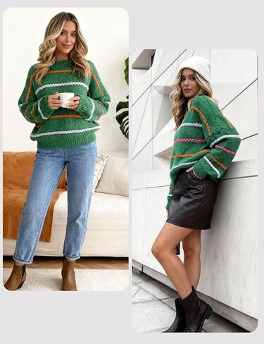 QIBABU Womens Striped Sweaters Casual Lantern Sleeve Color Block Knit Pullover Sweater Tops in Saudi Arabia