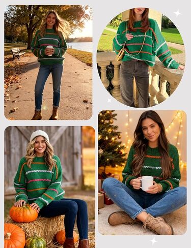 QIBABU Womens Striped Sweaters Casual Lantern Sleeve Color Block Knit Pullover Sweater Tops in Saudi Arabia
