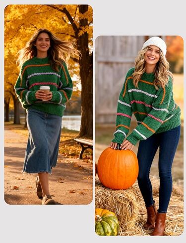QIBABU Womens Striped Sweaters Casual Lantern Sleeve Color Block Knit Pullover Sweater Tops in Saudi Arabia