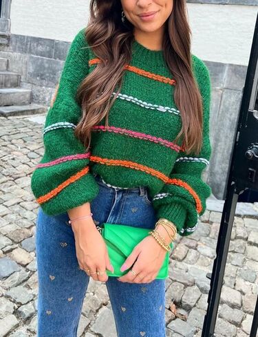 QIBABU Womens Striped Sweaters Casual Lantern Sleeve Color Block Knit Pullover Sweater Tops in Saudi Arabia