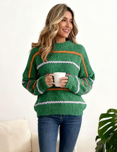 QIBABU Womens Striped Sweaters Casual Lantern Sleeve Color Block Knit Pullover Sweater Tops in Saudi Arabia