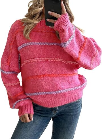 QIBABU Womens Striped Sweaters Casual Lantern Sleeve Color Block Knit Pullover Sweater Tops in Saudi Arabia