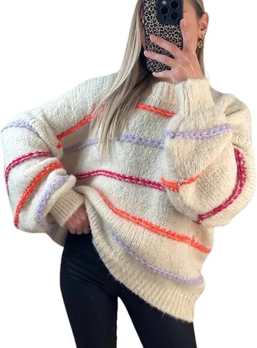 QIBABU Womens Striped Sweaters Casual Lantern Sleeve Color Block Knit Pullover Sweater Tops in Saudi Arabia