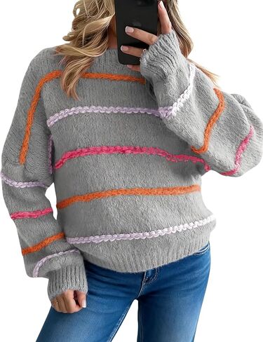 QIBABU Womens Striped Sweaters Casual Lantern Sleeve Color Block Knit Pullover Sweater Tops in Saudi Arabia