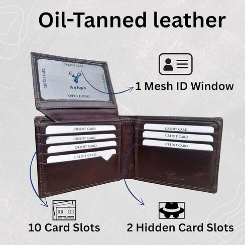 Genuine Leather Wallet for men, Full Grain oil tan mens wallet, RFID Protected bifold slim Elgant, Multiple 12 Card Holder(Coffee Brown) (Slim, Brown) (Brown) in Saudi Arabia