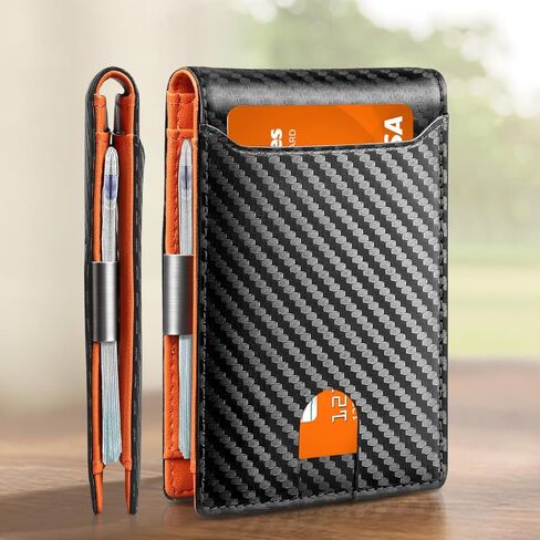 Wallet for Men Rfid Blocking Metal Credit Business Card Holder Slim Ridge Pocket Rfid Wallet for Men Women Money Leather Clips Small Card Case-Orange in Saudi Arabia