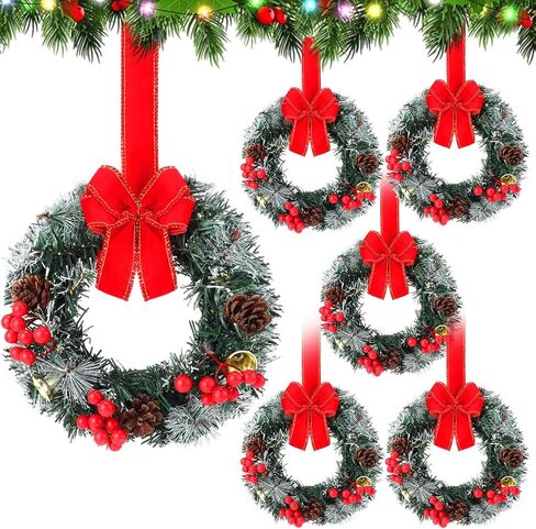 6 Pcs Small Christmas Kitchen Cabinet Wreath 8" Mini Norfolk Wreath Decoration with Flocked Bow Berry Pinecone Artificial Hanging Garland for Window Front Door Farmhouse Home Indoor Party in Saudi Arabia
