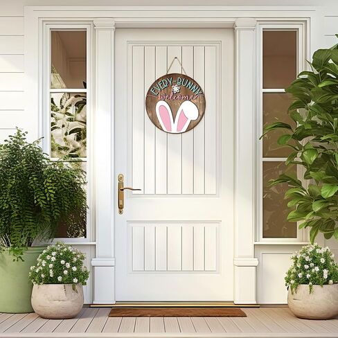 Whaline Easter Wooden Hanging Sign Bunny Rabbit Welcome Door Sign Farmhouse Rustic Front Door Hanger Sign for Spring Holiday Indoor Outdoor Home Porch Window Decor in Saudi Arabia