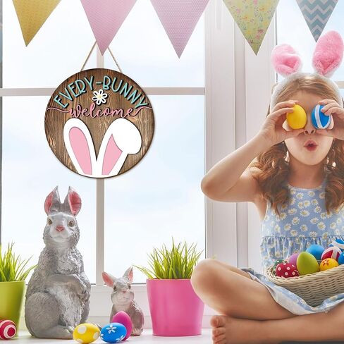 Whaline Easter Wooden Hanging Sign Bunny Rabbit Welcome Door Sign Farmhouse Rustic Front Door Hanger Sign for Spring Holiday Indoor Outdoor Home Porch Window Decor in Saudi Arabia