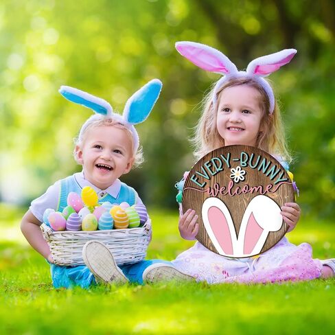 Whaline Easter Wooden Hanging Sign Bunny Rabbit Welcome Door Sign Farmhouse Rustic Front Door Hanger Sign for Spring Holiday Indoor Outdoor Home Porch Window Decor in Saudi Arabia