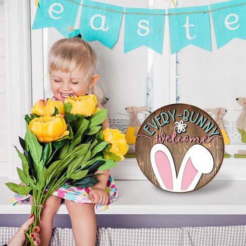 Whaline Easter Wooden Hanging Sign Bunny Rabbit Welcome Door Sign Farmhouse Rustic Front Door Hanger Sign for Spring Holiday Indoor Outdoor Home Porch Window Decor in Saudi Arabia