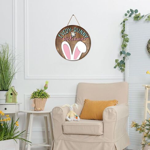 Whaline Easter Wooden Hanging Sign Bunny Rabbit Welcome Door Sign Farmhouse Rustic Front Door Hanger Sign for Spring Holiday Indoor Outdoor Home Porch Window Decor in Saudi Arabia
