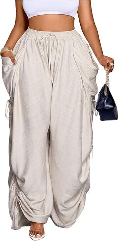 WDIRARA Women's Plus Size Ruched Drawstring Palazzo Pants Drawstring Waist Wide Leg Loose Trousers in Saudi Arabia