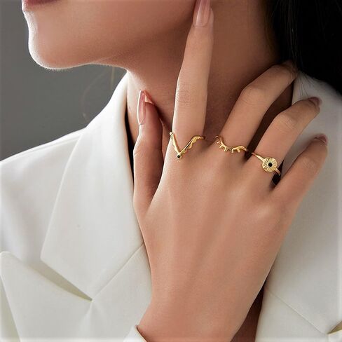 Gold Plated Sterling Silver Open Adjustable Devil Eye Ring for Women, Vintage Spinel CZ Eye Demon Stackable Rings Personality Jewelry Set in Kuwait