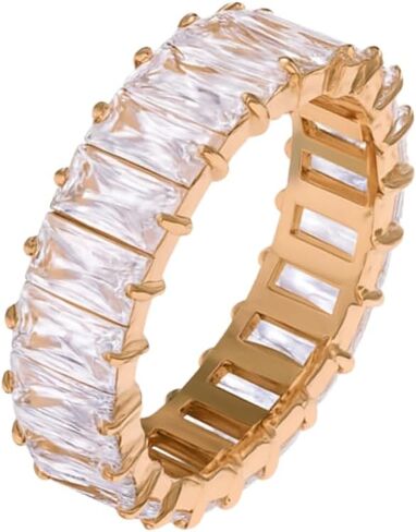 Eternity Ring for Women - 18K Gold Plated Trillion & Baguette Cut CZ Band - Rainbow, Clear, Emerald Designs - Geometric Stacking Ring - Waterproof & Tarnish-Free Jewelry in Saudi Arabia
