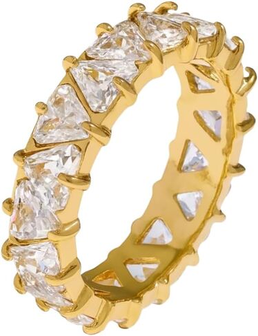 Eternity Ring for Women - 18K Gold Plated Trillion & Baguette Cut CZ Band - Rainbow, Clear, Emerald Designs - Geometric Stacking Ring - Waterproof & Tarnish-Free Jewelry in Saudi Arabia