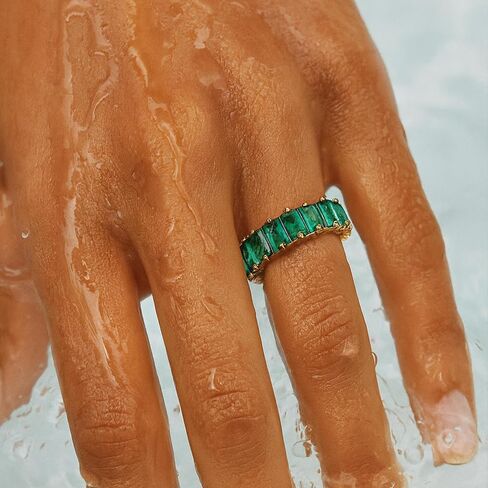 Eternity Ring for Women - 18K Gold Plated Trillion & Baguette Cut CZ Band - Rainbow, Clear, Emerald Designs - Geometric Stacking Ring - Waterproof & Tarnish-Free Jewelry in Saudi Arabia