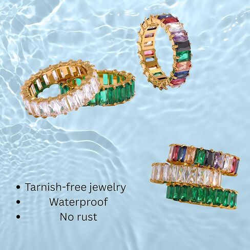 Eternity Ring for Women - 18K Gold Plated Trillion & Baguette Cut CZ Band - Rainbow, Clear, Emerald Designs - Geometric Stacking Ring - Waterproof & Tarnish-Free Jewelry in Saudi Arabia