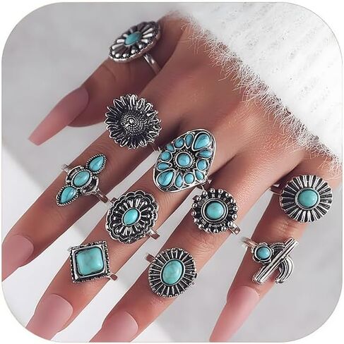 Turquoise Ring Set for Women Silver Western Stackable Knuckle Rings in Saudi Arabia